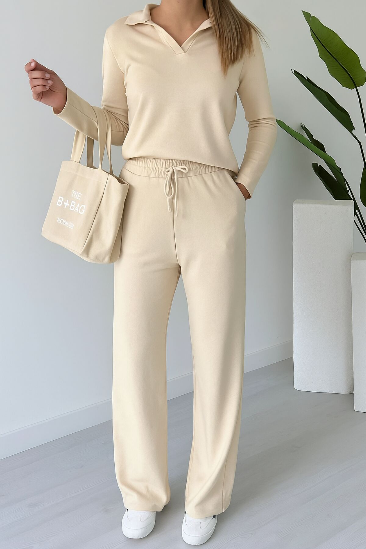 Balenbi Kadın Modal Kumaş Polo Yaka Uzun Kollu Takım 1126 M - Bej