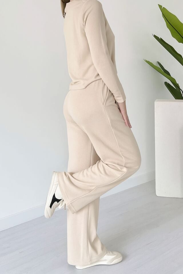 Balenbi Kadın Modal Kumaş Polo Yaka Uzun Kollu Takım 1126 Bej - M