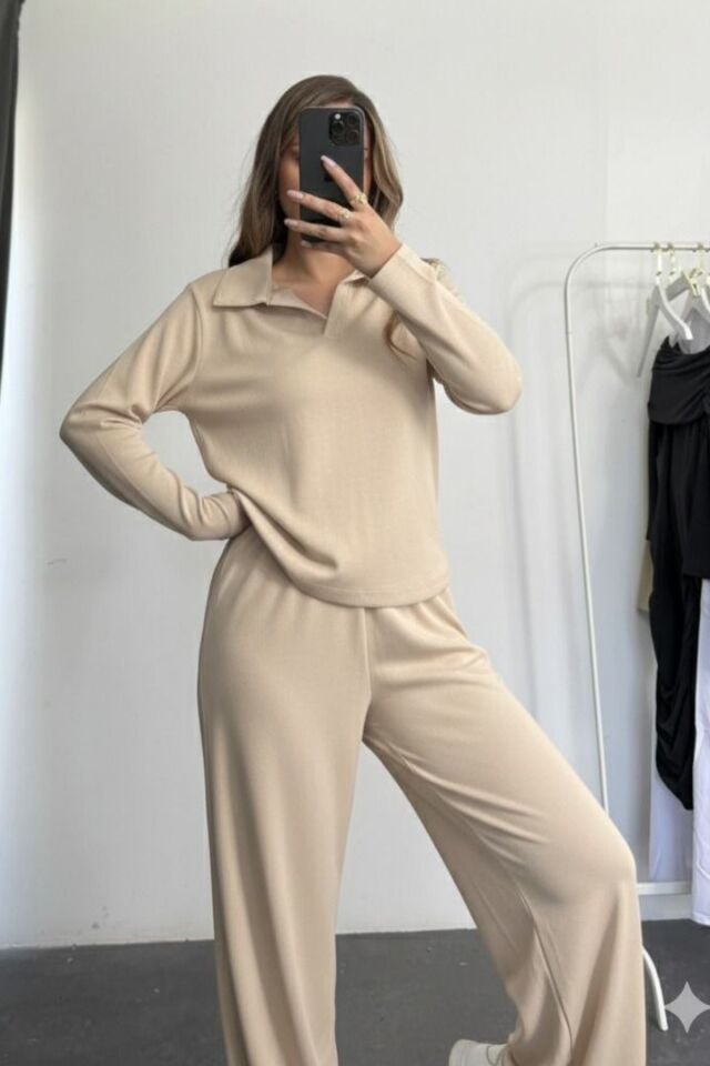 Balenbi Kadın Modal Kumaş Polo Yaka Uzun Kollu Takım 1126 M - Bej