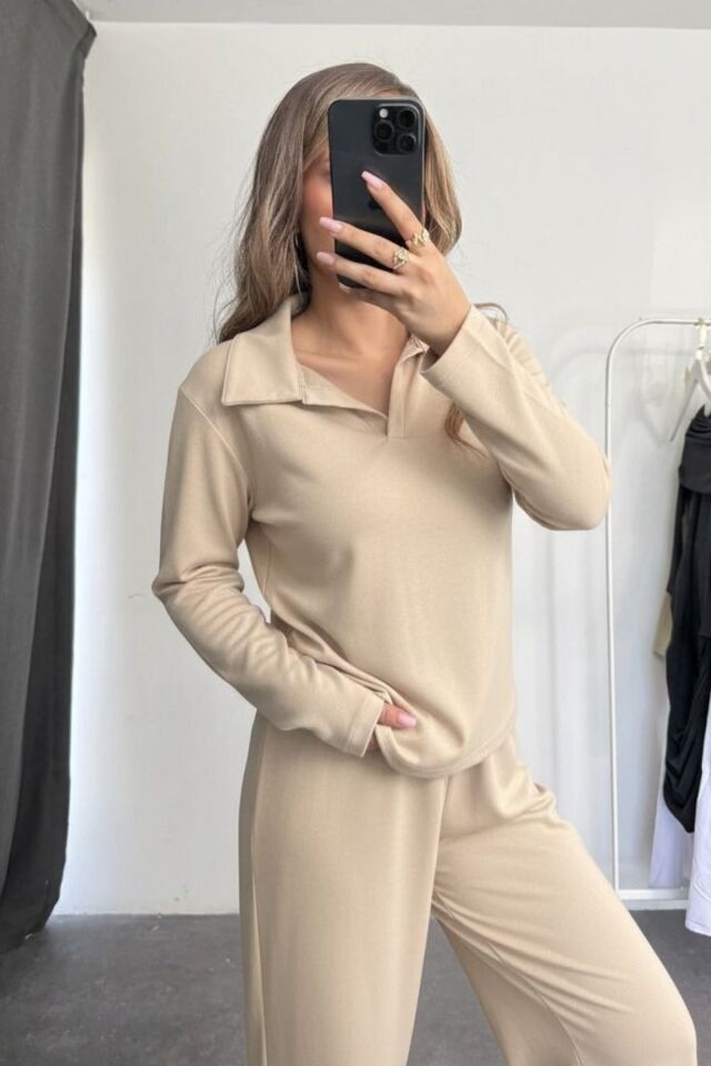 Balenbi Kadın Modal Kumaş Polo Yaka Uzun Kollu Takım 1126 M - Bej