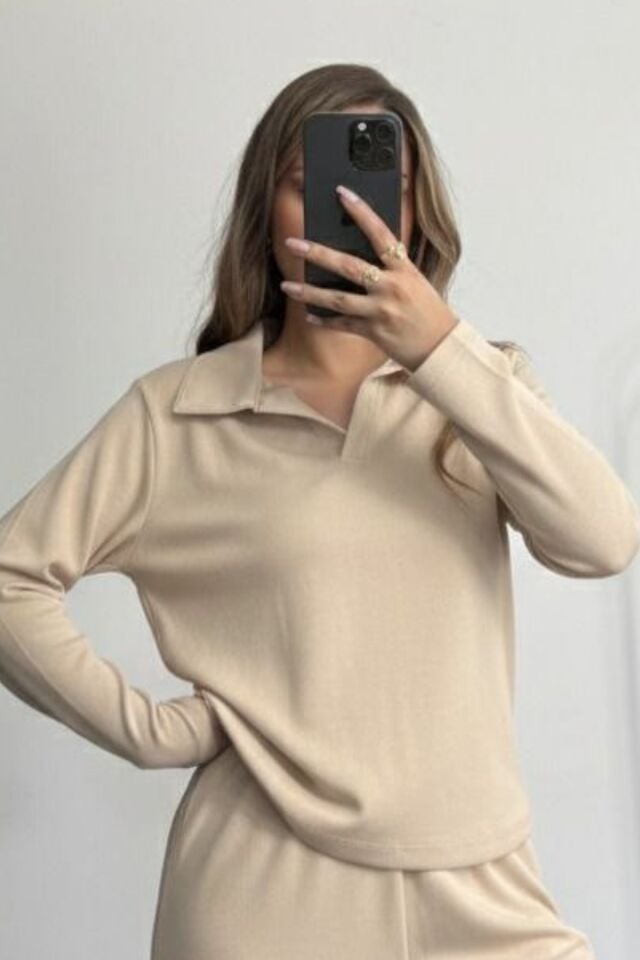 Balenbi Kadın Modal Kumaş Polo Yaka Uzun Kollu Takım 1126 M - Bej