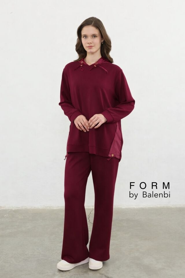 Balenbi Oversize Garni Detaylı Modal Tesettür Kapüşonlu Kadın Takım 1199 - Form Serisi S/M - Bordo