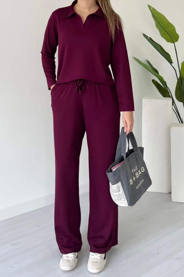 Balenbi Kadın Modal Kumaş Polo Yaka Uzun Kollu Takım 1126 M - Bordo