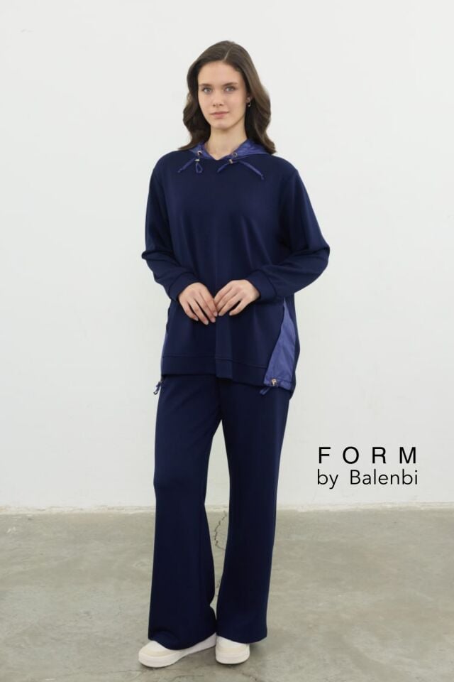 Balenbi Oversize Garni Detaylı Modal Tesettür Kapüşonlu Kadın Takım 1199 - Form Serisi S/M - Lacivert