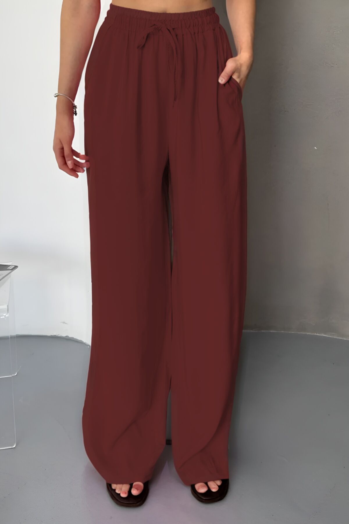 Feela Moda Kadın Modal Dokuma Beli Lastikli Palazzo Pantolon 2016 44 - Bordo