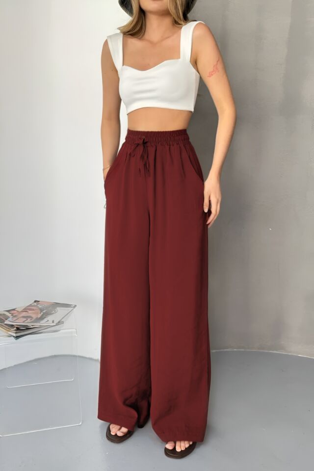 Feela Moda Kadın Modal Dokuma Beli Lastikli Palazzo Pantolon 2016 44 - Bordo
