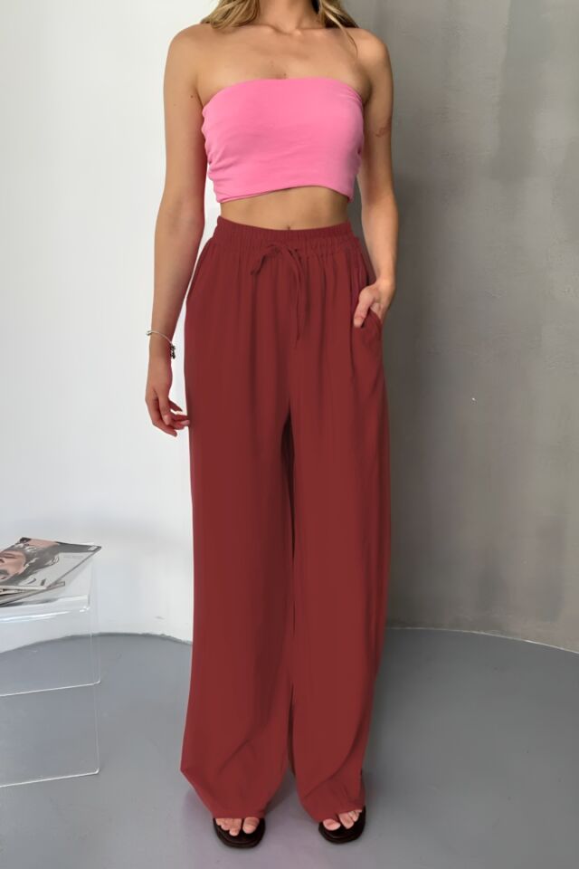 Feela Moda Kadın Modal Dokuma Beli Lastikli Palazzo Pantolon 2016 44 - Bordo