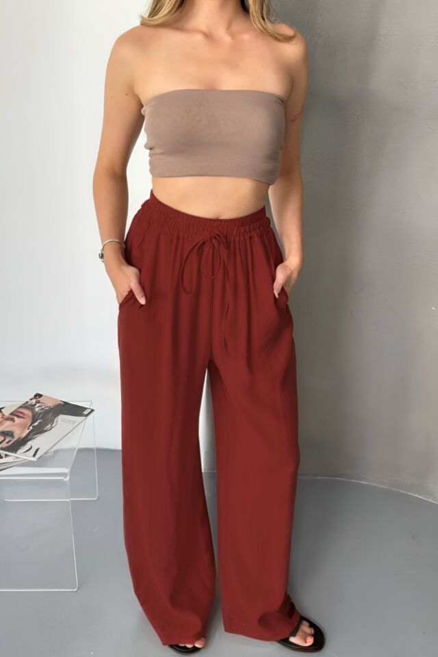 Feela Moda Kadın Modal Dokuma Beli Lastikli Palazzo Pantolon 2016 44 - Bordo