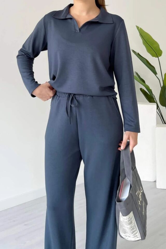 Balenbi Kadın Modal Kumaş Polo Yaka Uzun Kollu Takım 1126 S - Antrasit