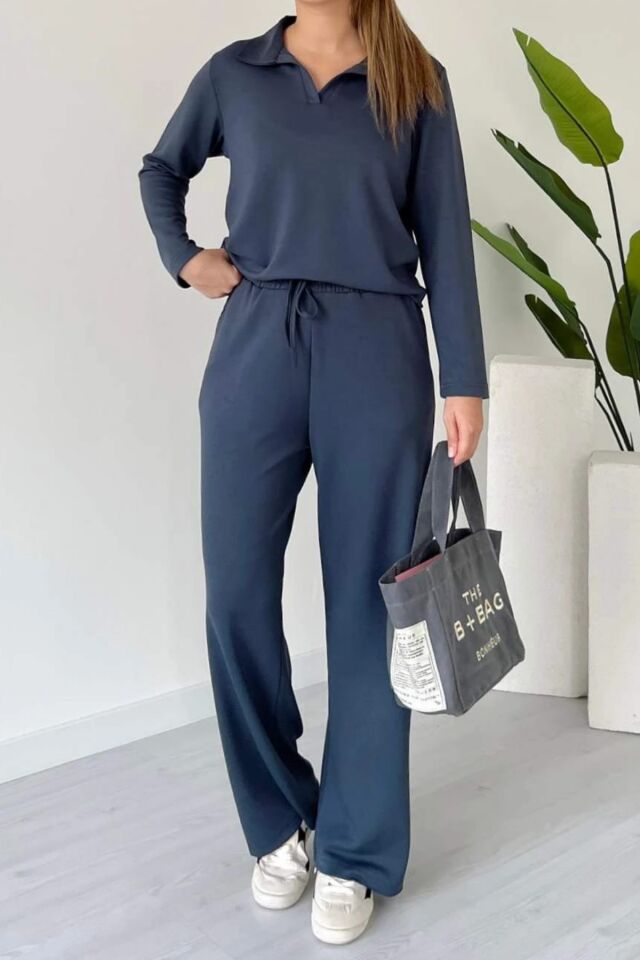 Balenbi Kadın Modal Kumaş Polo Yaka Uzun Kollu Takım 1126 S - Antrasit