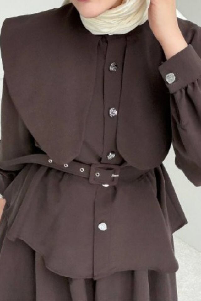 Balenbi Rahat Kesim Kemer Detaylı Tesettür Kadın Etekli Takım 1167 – Form Serisi Kahverengi - 40