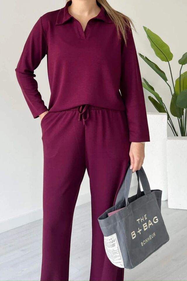Balenbi Kadın Modal Kumaş Polo Yaka Uzun Kollu Takım 1126 S - Bordo