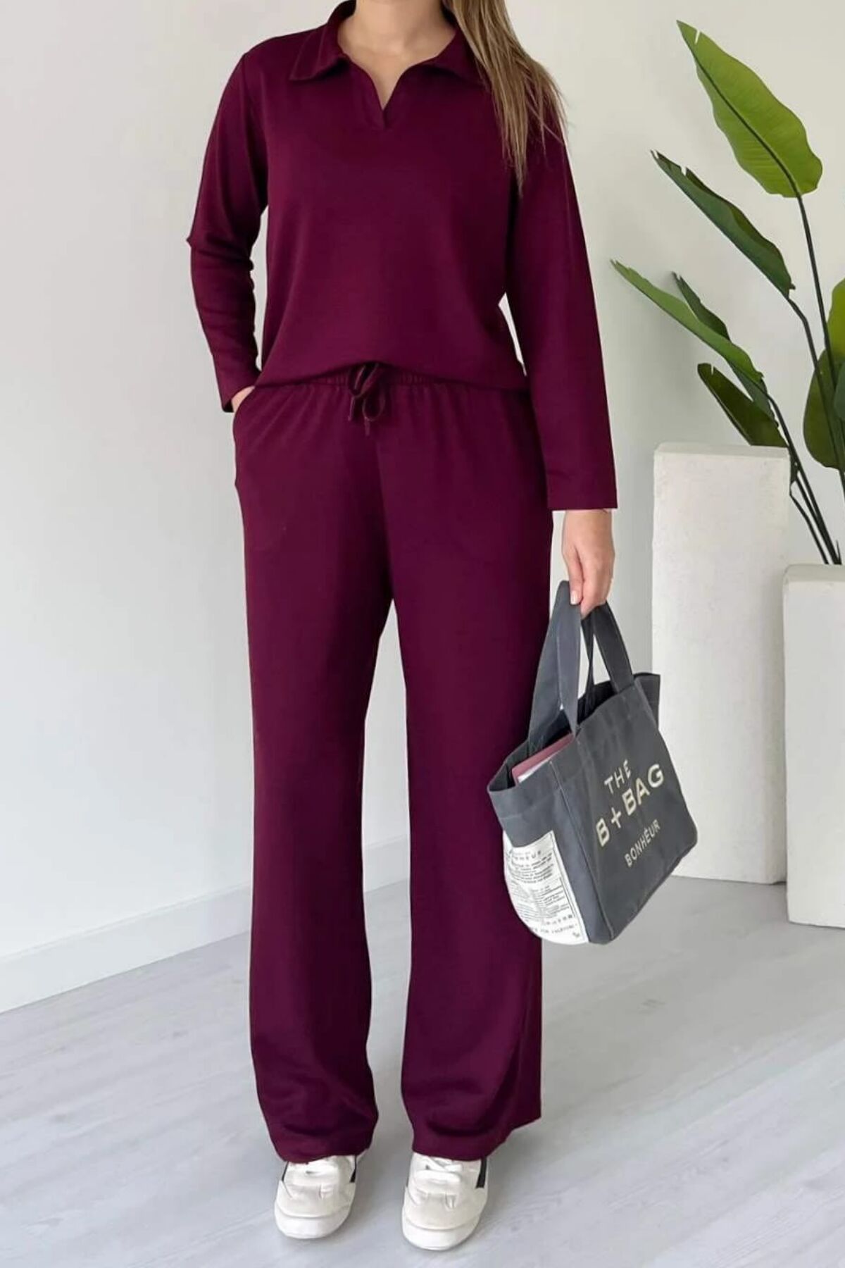 Balenbi Kadın Modal Kumaş Polo Yaka Uzun Kollu Takım 1126 S - Bordo