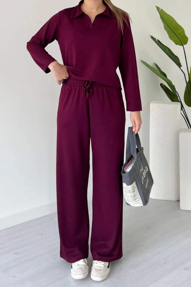 Balenbi Kadın Modal Kumaş Polo Yaka Uzun Kollu Takım 1126 Bordo - S