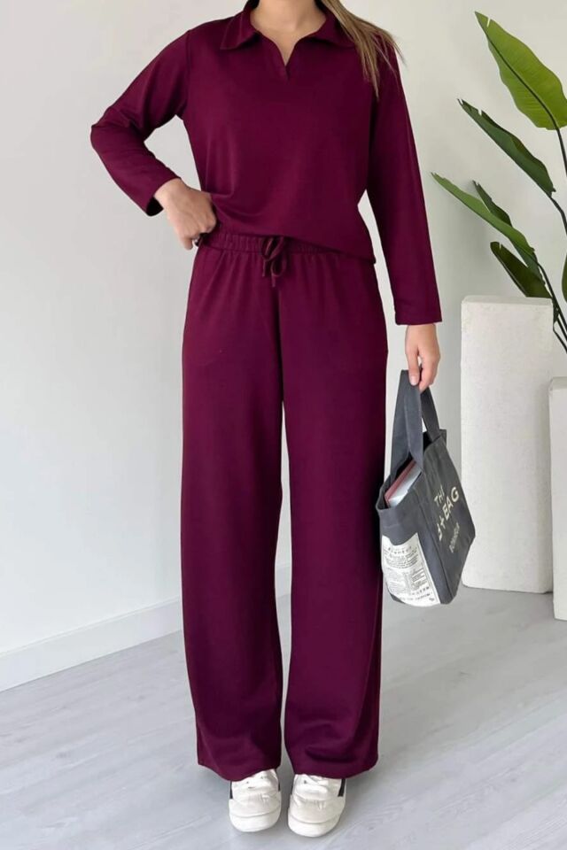 Balenbi Kadın Modal Kumaş Polo Yaka Uzun Kollu Takım 1126 S - Bordo