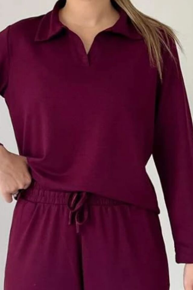 Balenbi Kadın Modal Kumaş Polo Yaka Uzun Kollu Takım 1126 S - Bordo