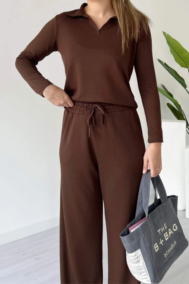 Balenbi Kadın Modal Kumaş Polo Yaka Uzun Kollu Takım 1126 Kahverengi - S