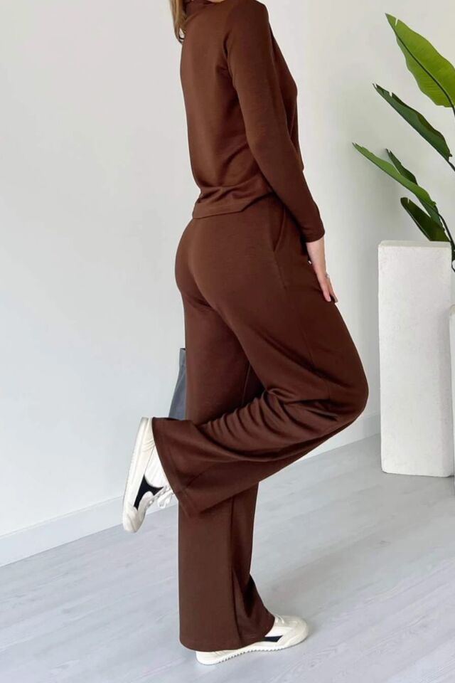 Balenbi Kadın Modal Kumaş Polo Yaka Uzun Kollu Takım 1126 S - Kahverengi