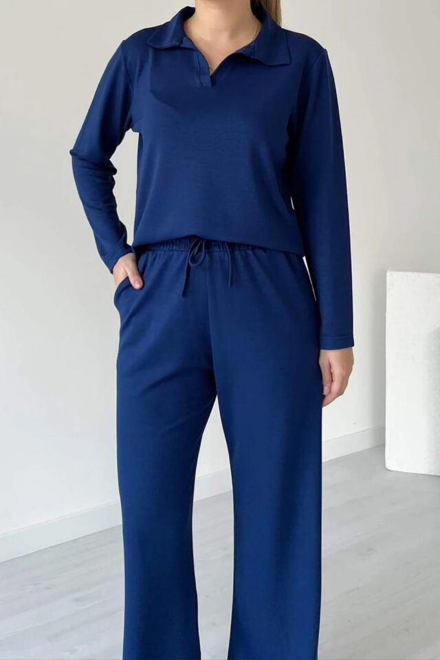 Balenbi Kadın Modal Kumaş Polo Yaka Uzun Kollu Takım 1126 Lacivert - S