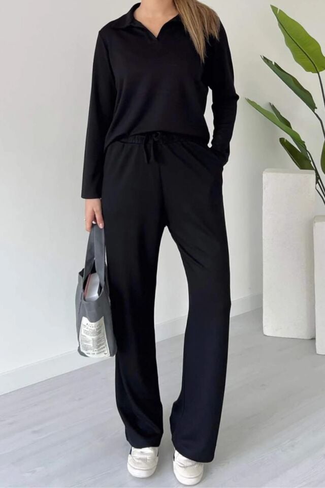 Balenbi Kadın Modal Kumaş Polo Yaka Uzun Kollu Takım 1126 Siyah - S