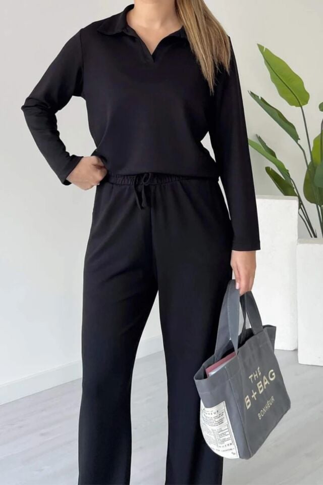 Balenbi Kadın Modal Kumaş Polo Yaka Uzun Kollu Takım 1126 Siyah - S