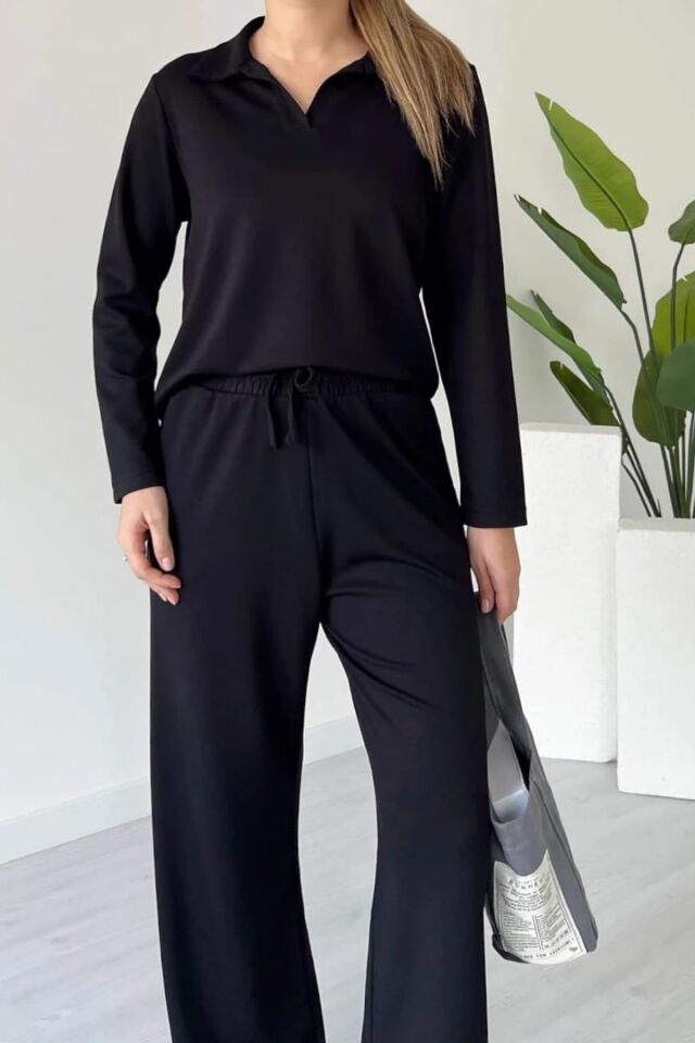 Balenbi Kadın Modal Kumaş Polo Yaka Uzun Kollu Takım 1126 S - Siyah