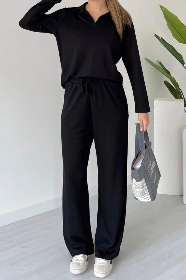 Balenbi Kadın Modal Kumaş Polo Yaka Uzun Kollu Takım 1126 S - Siyah