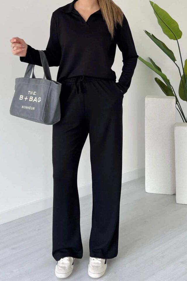 Balenbi Kadın Modal Kumaş Polo Yaka Uzun Kollu Takım 1126 S - Siyah