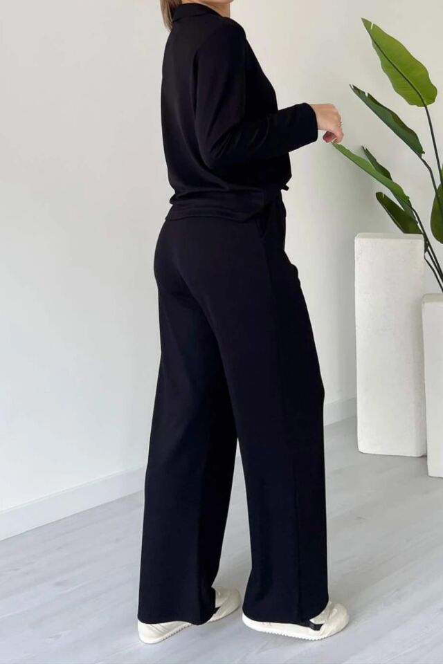 Balenbi Kadın Modal Kumaş Polo Yaka Uzun Kollu Takım 1126 S - Siyah