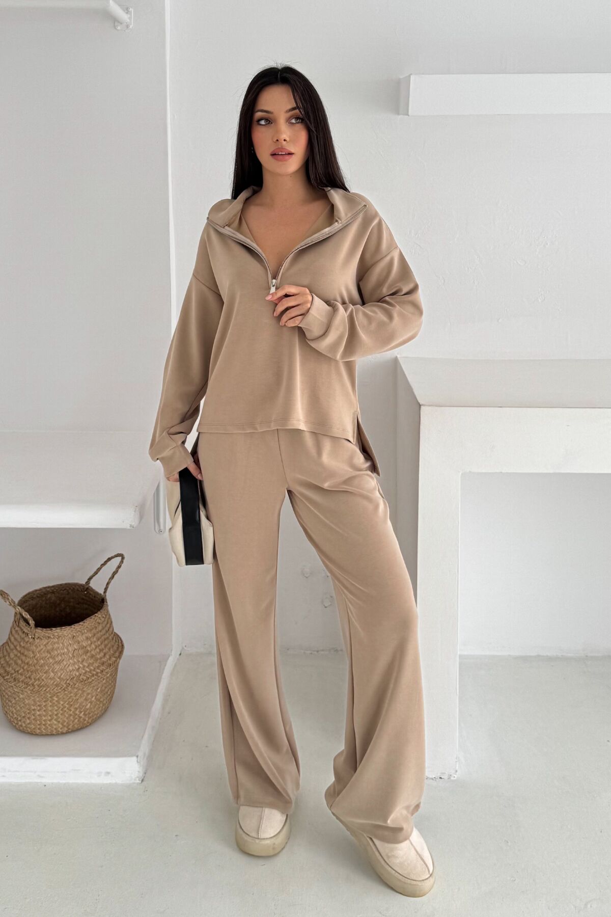 Balenbi Premium Modal Kumaş Fermuarlı Yaka Kadın Takım 1153 XL - Bej