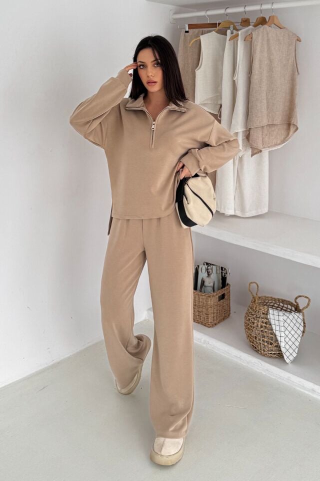 Balenbi Premium Modal Kumaş Fermuarlı Yaka Kadın Takım 1153 XL - Bej