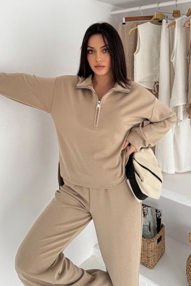 Balenbi Premium Modal Kumaş Fermuarlı Yaka Kadın Takım 1153 XL - Bej