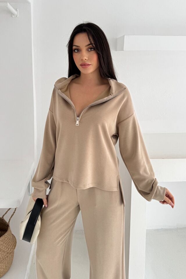 Balenbi Premium Modal Kumaş Fermuarlı Yaka Kadın Takım 1153 XL - Bej