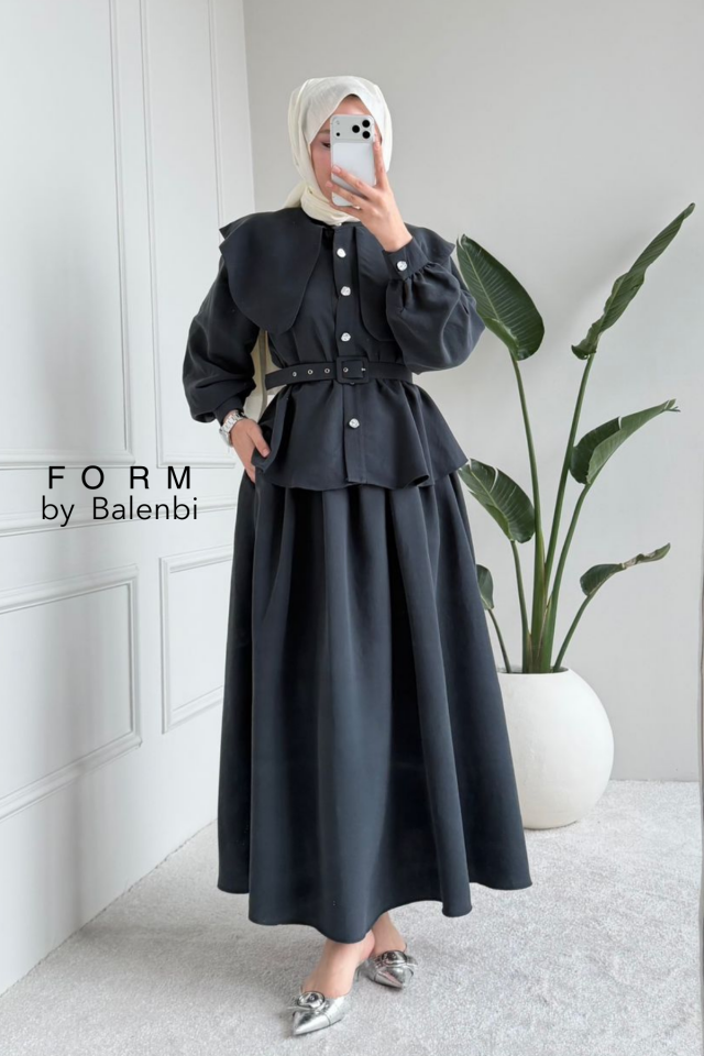Balenbi Rahat Kesim Kemer Detaylı Tesettür Kadın Etekli Takım 1167 – Form Serisi Füme - 42