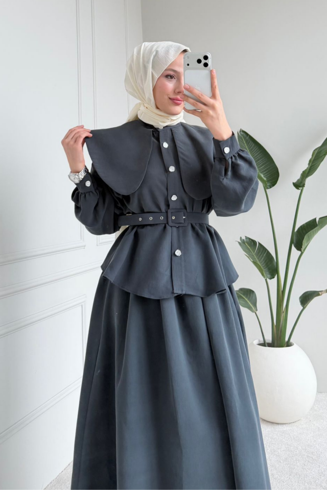 Balenbi Rahat Kesim Kemer Detaylı Tesettür Kadın Etekli Takım 1167 – Form Serisi Füme - 42