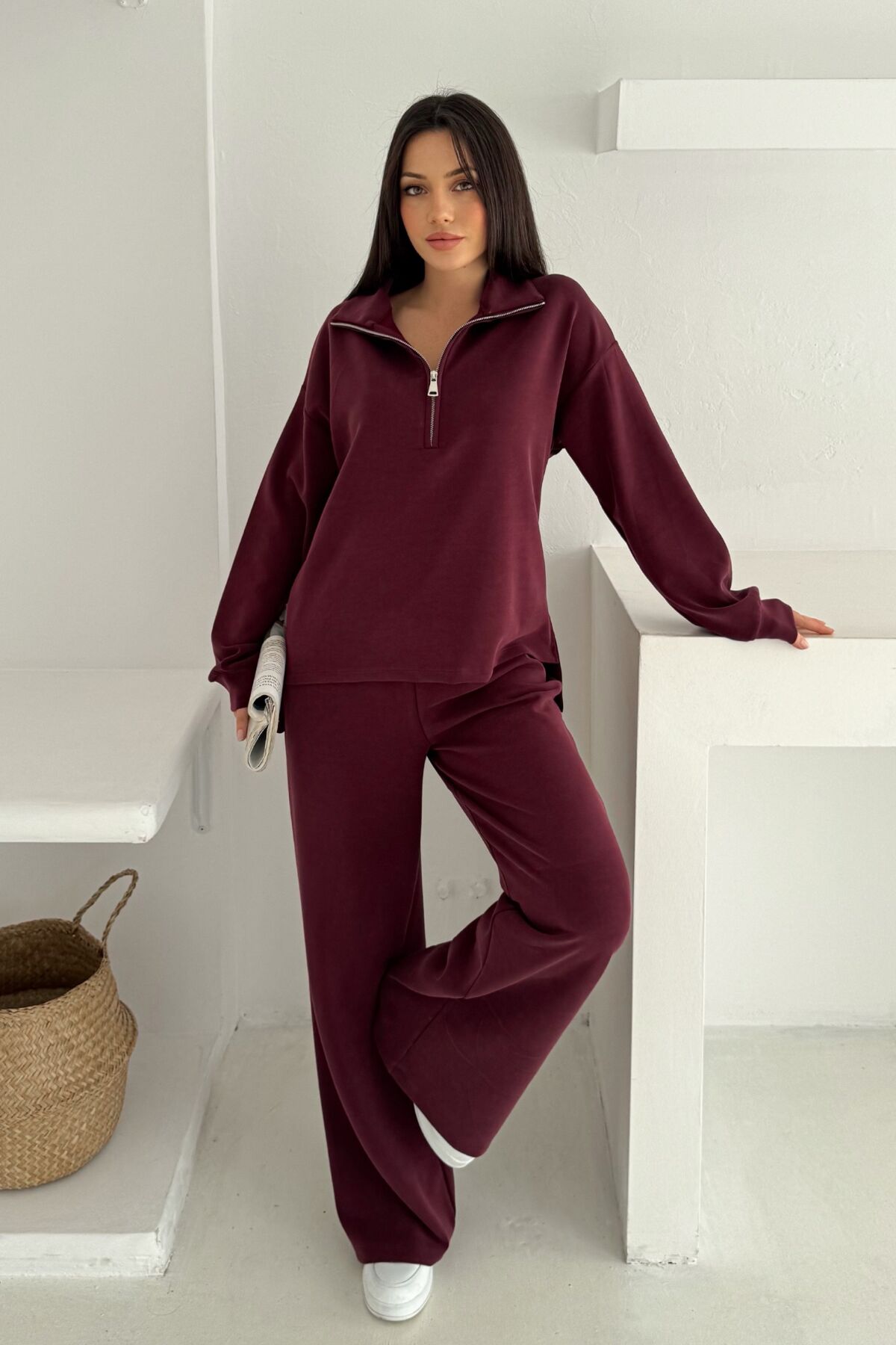 Balenbi Premium Modal Kumaş Fermuarlı Yaka Kadın Takım 1153 S - Bordo