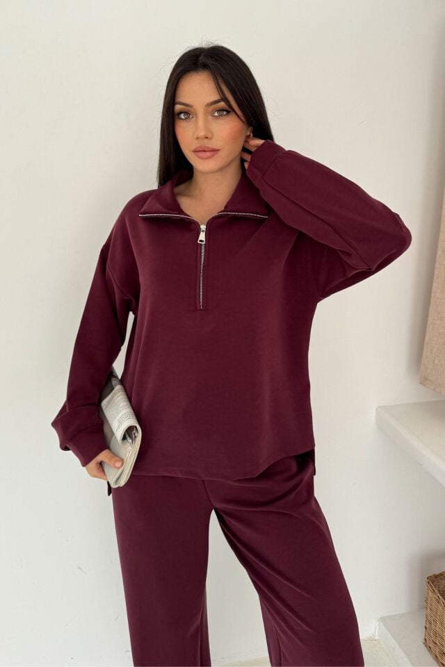Balenbi Premium Modal Kumaş Fermuarlı Yaka Kadın Takım 1153 S - Bordo