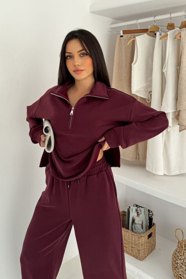 Balenbi Premium Modal Kumaş Fermuarlı Yaka Kadın Takım 1153 S - Bordo
