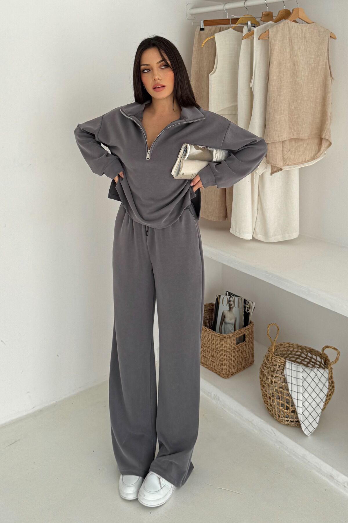 Balenbi Premium Modal Kumaş Fermuarlı Yaka Kadın Takım 1153 XL - Gri