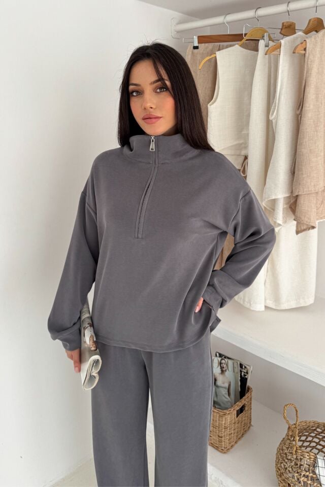 Balenbi Premium Modal Kumaş Fermuarlı Yaka Kadın Takım 1153 XL - Gri