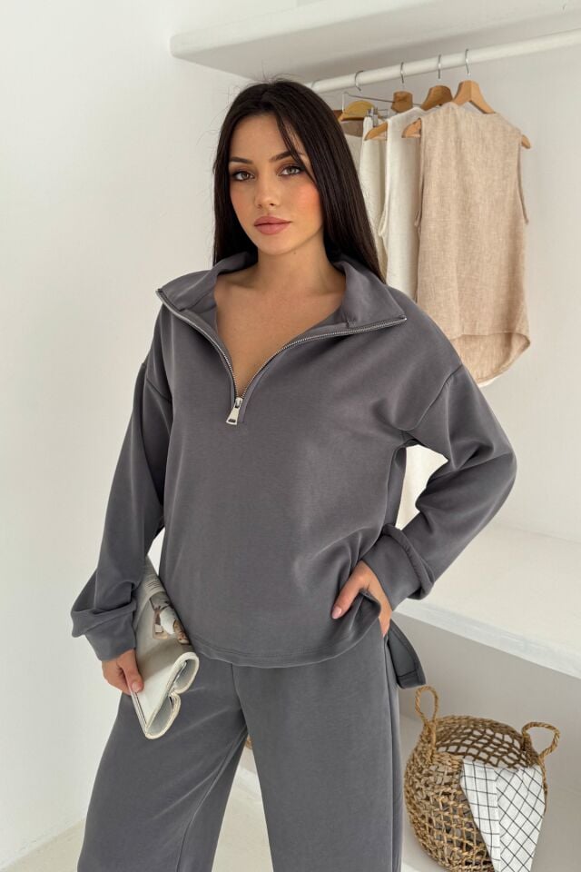 Balenbi Premium Modal Kumaş Fermuarlı Yaka Kadın Takım 1153 XL - Gri