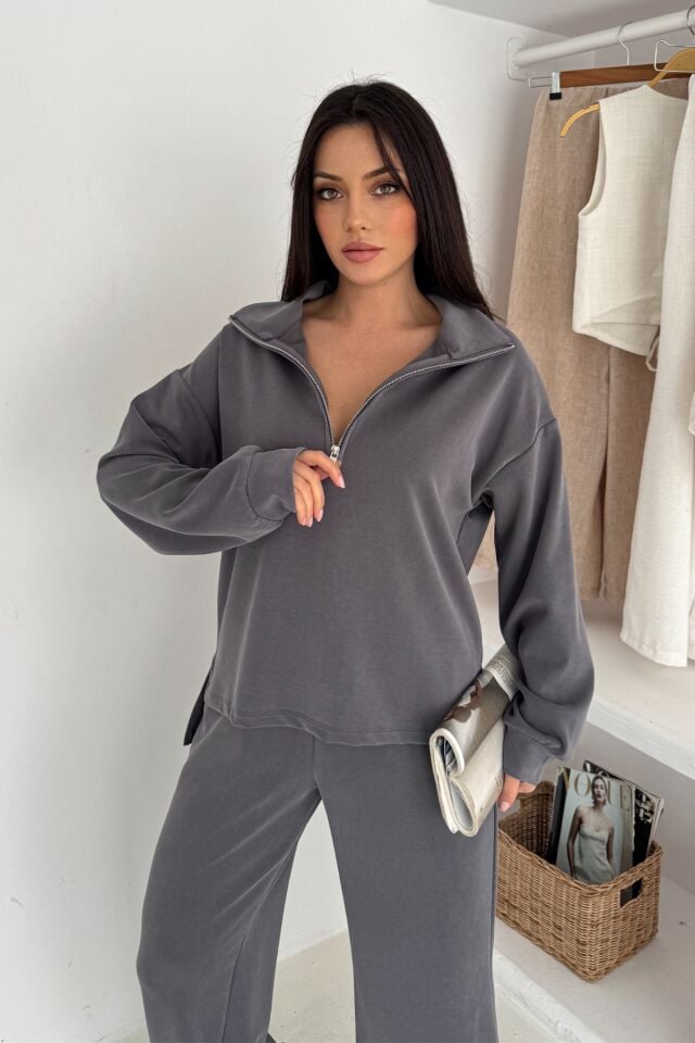 Balenbi Premium Modal Kumaş Fermuarlı Yaka Kadın Takım 1153 XL - Gri