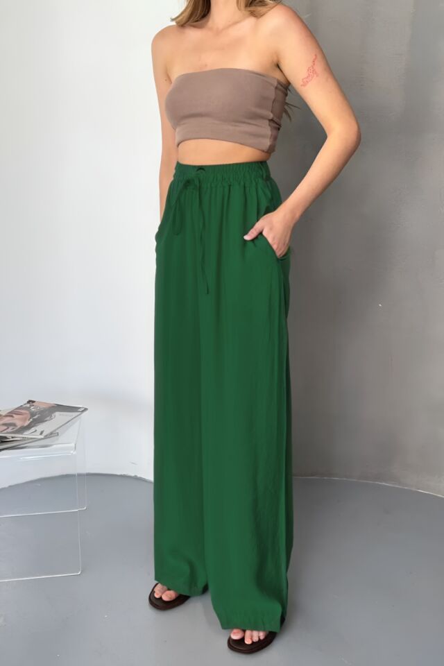 Feela Moda Kadın Modal Dokuma Beli Lastikli Palazzo Pantolon 2016 44 - Yeşil