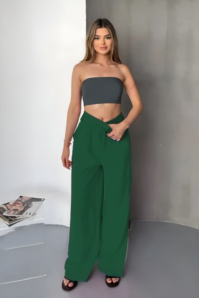 Feela Moda Kadın Modal Dokuma Beli Lastikli Palazzo Pantolon 2016 44 - Yeşil