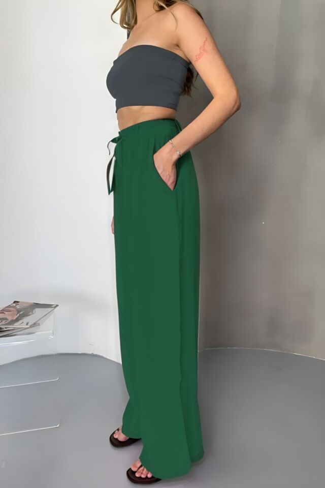 Feela Moda Kadın Modal Dokuma Beli Lastikli Palazzo Pantolon 2016 44 - Yeşil