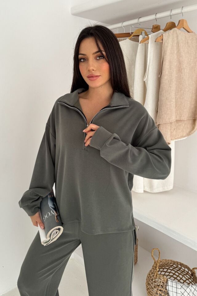 Balenbi Premium Modal Kumaş Fermuarlı Yaka Kadın Takım 1153 XL - Haki