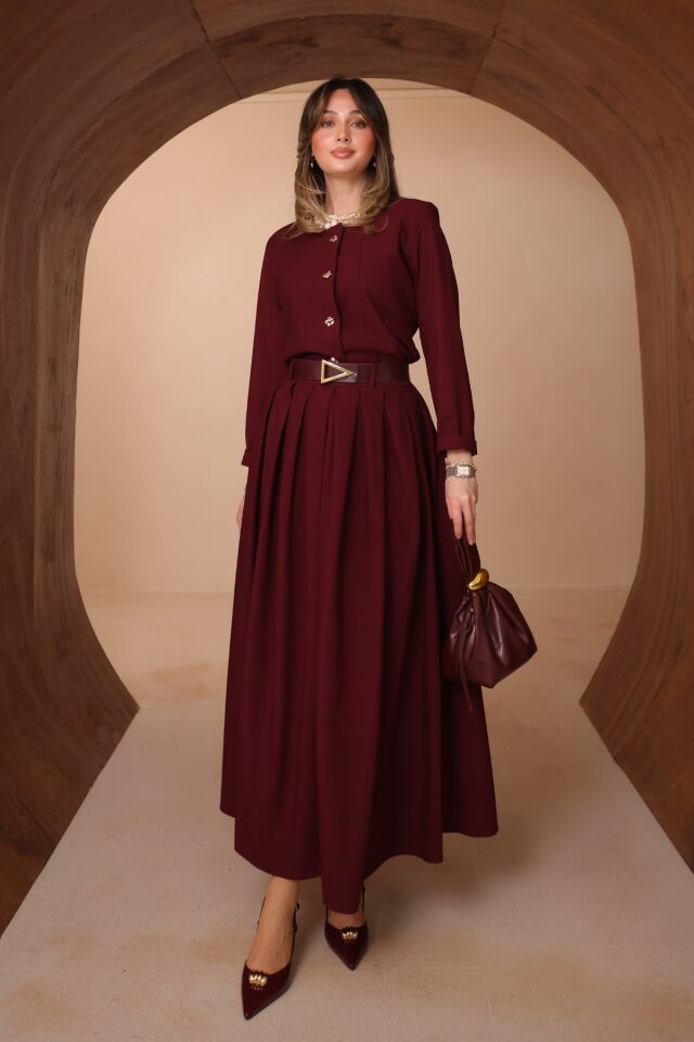 Balenbi Pileli Uzun Etek Kemerli Düğmeli Tesettür Kadın Takım 1200 - Form Serisi Bordo - M/L