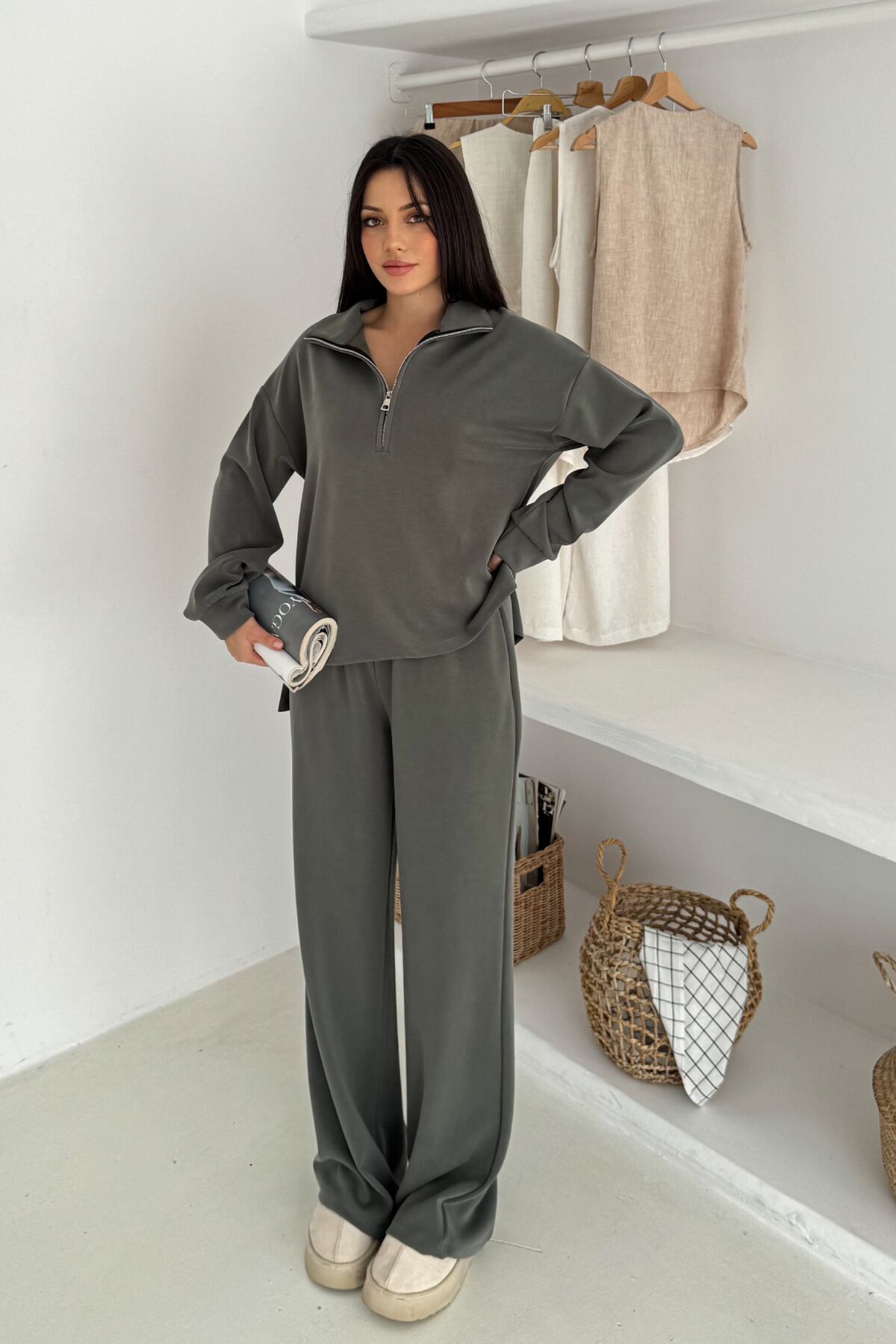 Balenbi Premium Modal Kumaş Fermuarlı Yaka Kadın Takım 1153 XL - Haki