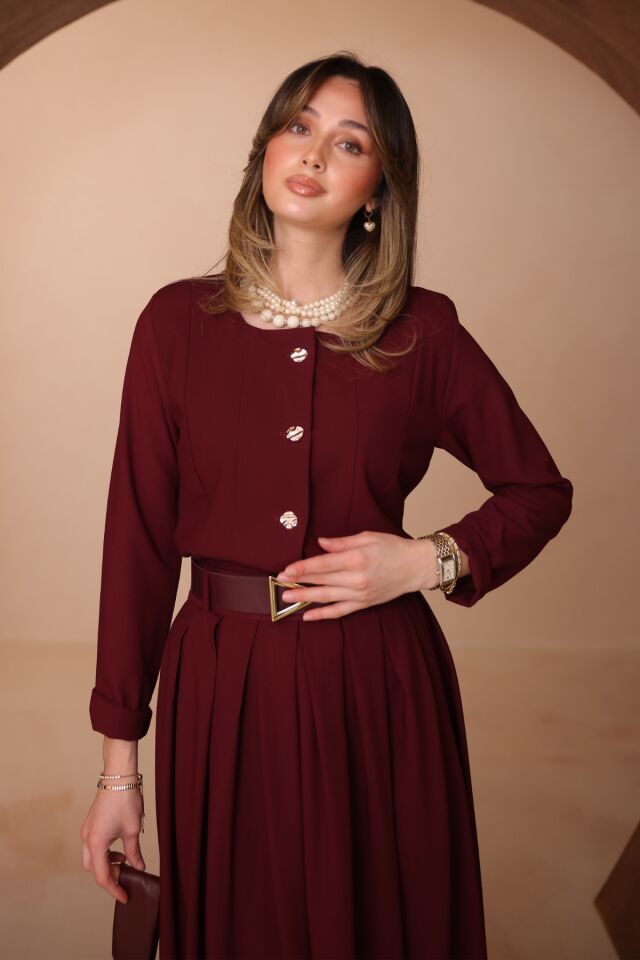 Balenbi Pileli Uzun Etek Kemerli Düğmeli Tesettür Kadın Takım 1200 - Form Serisi Bordo - M/L