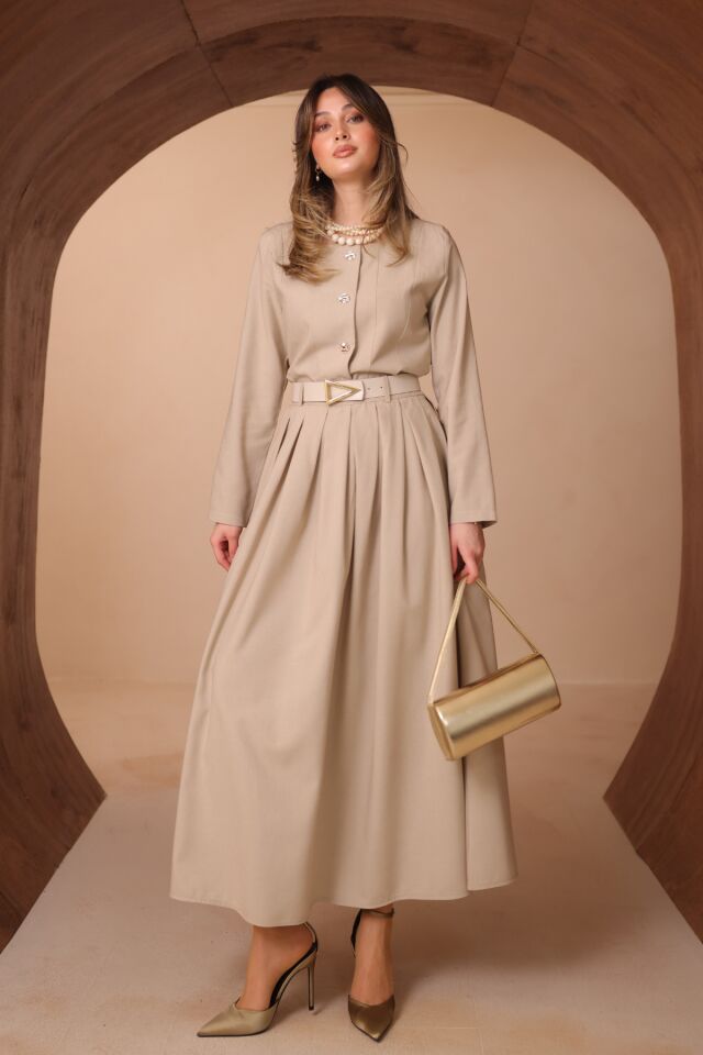 Balenbi Pileli Uzun Etek Kemerli Düğmeli Tesettür Kadın Takım 1200 - Form Serisi Bej - M/L